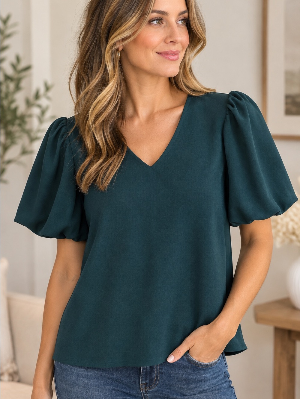 Ann Taylor Deep Teal V-Neck Puff Sleeve Blouse